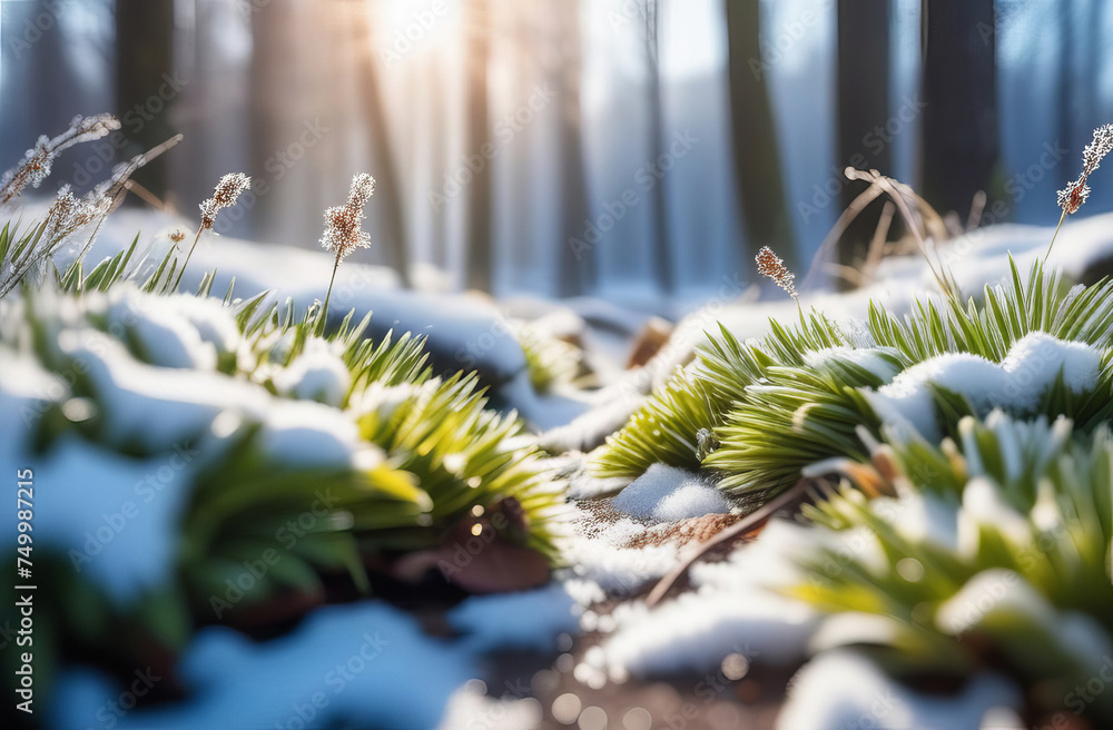 Green grass sprouts from under snow that melts in spring early. Close up. Sunrise in winter. sunrays shine through winter landscape. Frosty blurry background texture on icy meadow. Spring forest - obrazy, fototapety, plakaty 