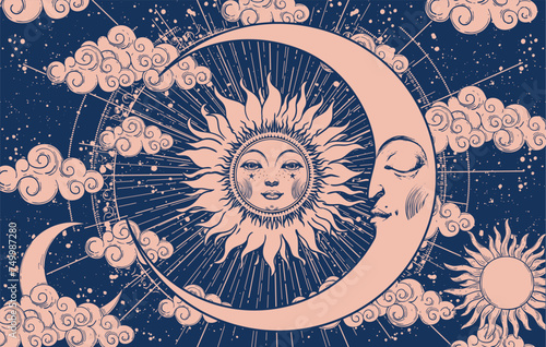 Mystical celestial astrology banner with sun and moon with face, vector esoteric poster of zodiac, horoscope, tarot. Creation of the Universe with clouds, stars and sun.