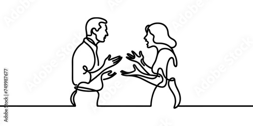 Vector image of a married couple that quarrels, drawn with one line.