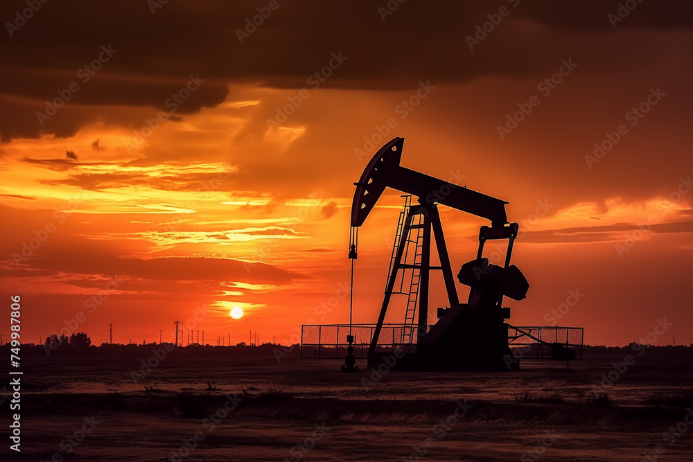 Crude oil Pumpjack on oilfield on sunset. Oil prices on global market. Fossil crude production. Oil drill rig and drilling derrick. Global crude oil Prices, petroleum demand OPEC+. Pump jack, oilfield