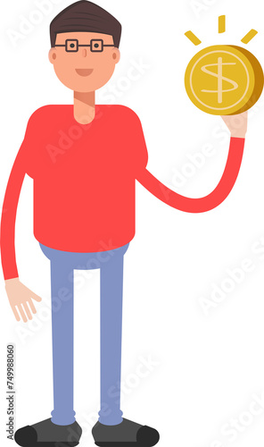 Nerd Boy Character Holding Dollar Coin 
