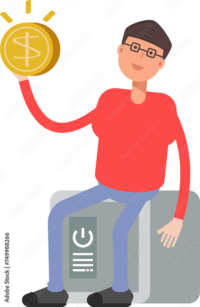 Nerd Boy Character Sitting on Safe and Holding Dollar Coin
Nerd Boy Character Sitting on Safe and Holding Dollar Coin