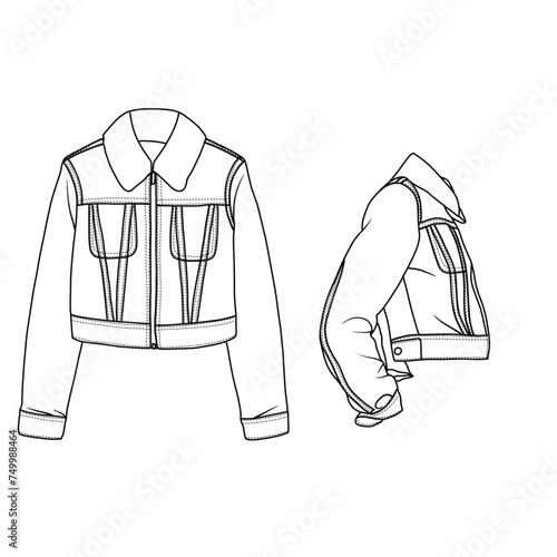 Technical sketch drawing Illustration of Denim Jacket With Shearling Collar line art, suitable for your for kids coloring book outline vector doodle illustration, front and back view isolated on white