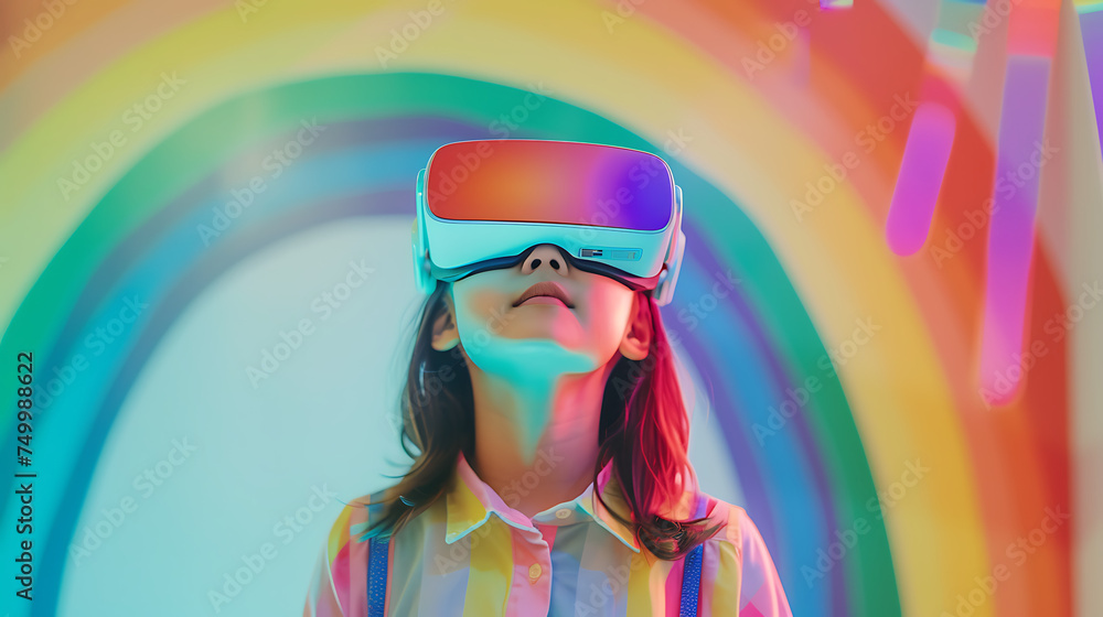 a girl in a rainbow vr headset and rainbow background on the isolated hue background a girl in a rainbow vr headset and rainbow background on the isolated hue background