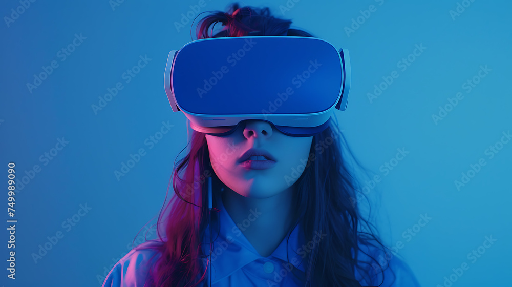 a girl in a Blue vr headset and Blue background on the isolated hue background a girl in a Blue vr headset and Blue background on the isolated hue background