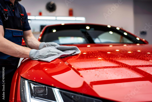 Auto service staff cleaning a red car with a wipe.
