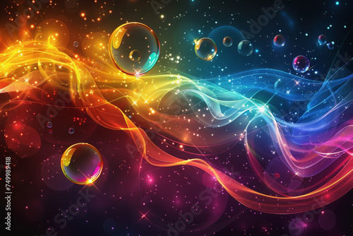 Abstract PC desktop wallpaper background with flying bubbles on a colorful background. AI Generated.