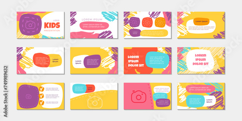 Cute creative kids multi colored theme design template for presentation slides with children playful pattern and abstract shapes. Corporate business layout for school, childrengarten. Vector design