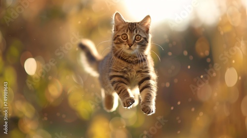 A whimsical scene capturing a playful tabby cat soaring through the air with a look of surprise and delight
