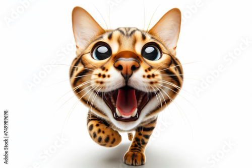 shot at a wide angle portrait of a funny bengal cat with open mouth in zooms. ai generative