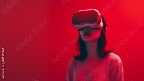 a girl in a red vr headset and red background on the isolated hue background © LiezDesign