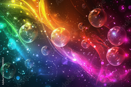 Abstract PC desktop wallpaper background with flying bubbles on a colorful background. AI Generated. © PHAISITSAWAN