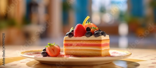 Delicious sticky layer cake topped with sweet strawberries and raisins