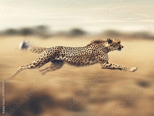 A cheetah at full speed during a hunt, captured in stunning detail against a blurred savannah background