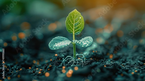 Close up of a seedling with a digital ID chip for blockchain tracking set against a minimalist technology focused background