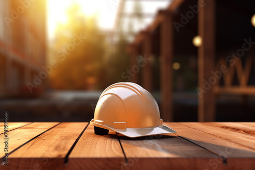 construction helmet on wooden table, yellow, building background