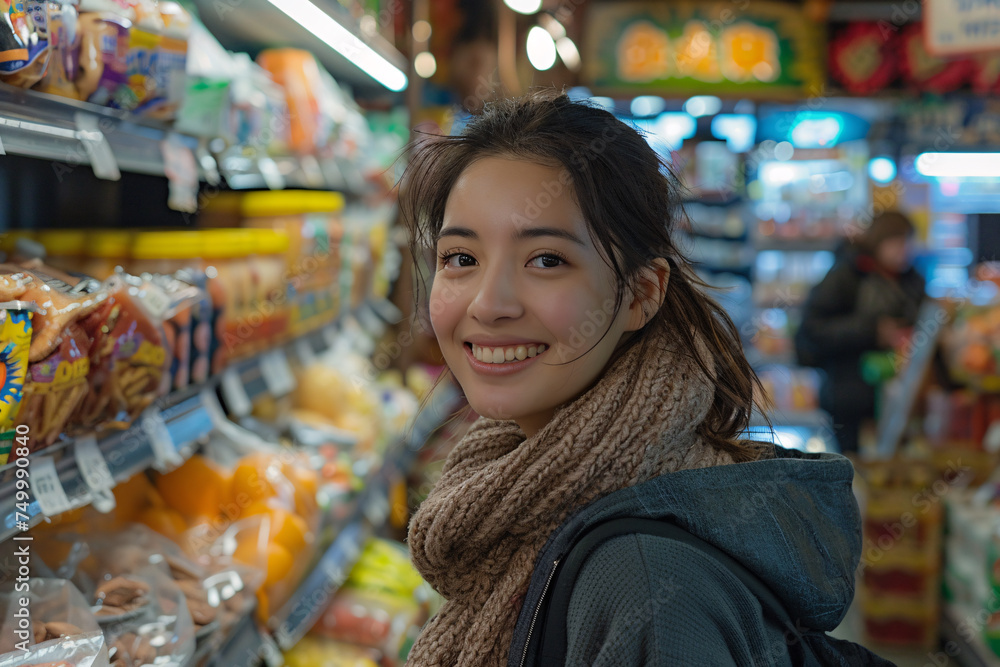 A young woman smiling at a grocery store