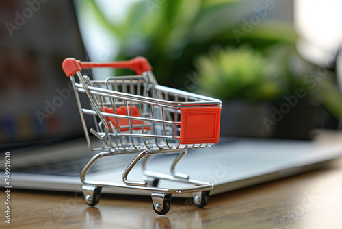 Online shopping concept, a shopping cart standing on a laptop