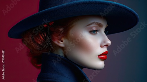 Studio shot, caucasian fashion woman with hat.