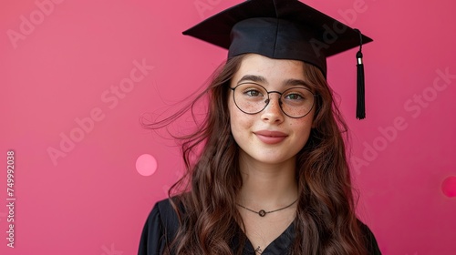 Portrait of a smiling young girl, with graduation hat, on pink background, studio shoot. photo