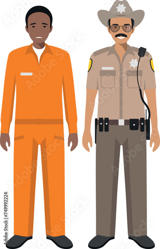Standing American Policeman Sheriff Officer in Uniform and African American Prisoner Person in Traditional in Prison Clothes Character Icon in Flat Style. Vector Illustration.