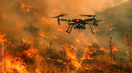 A drone flying over a forest fire to check the evolution of the fire from a distance.