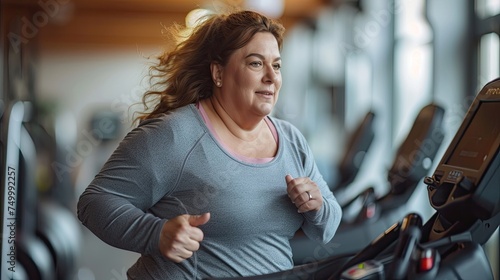 isolated happy overweight woman doing exercise running indoor in a machine photo