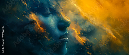 Captivating woman's face with abstract grunge texture. Azure blue and yellow ultra-wide gradient premium backdrop. Ideal for design, banners, wallpapers, templates, art, creative projects. Exclusive