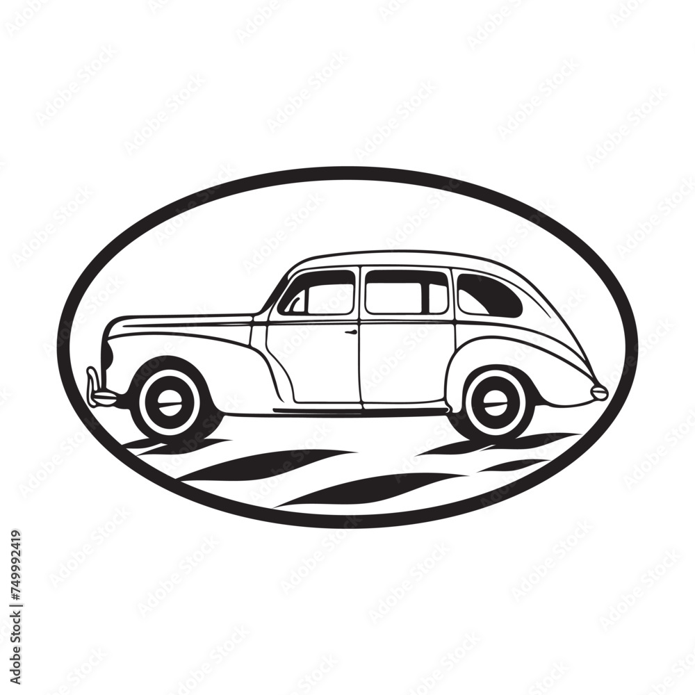 Old car doodle line art illustration with black and white style for template