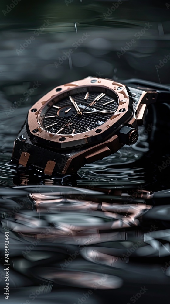 Obraz premium Commercial photo of a sports-style men's watch, in black and pink, on transparent water.