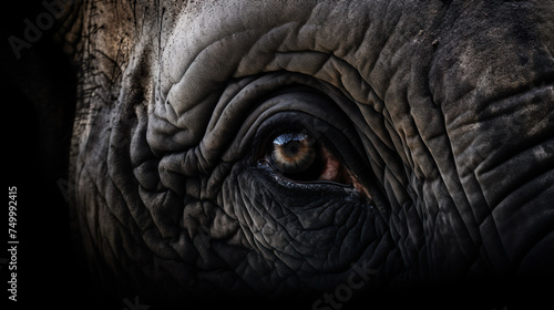 Close up of elephant eye and wrinkled skin on black background © Jakob