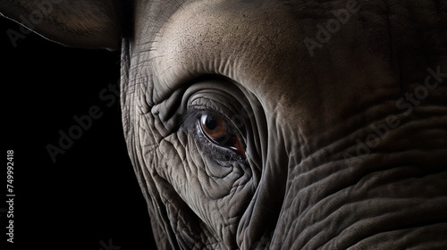 Close up of elephant eye and wrinkled skin on black background photo