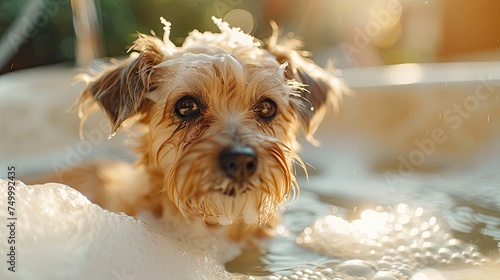 Adorable little dog with wet hair after bathing in the bathtub.