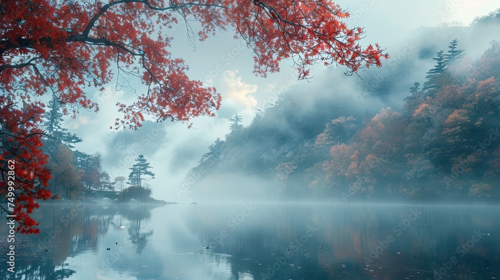 Fantastic landscape with a lake, trees with red flowers, cold atmosphere with fog.