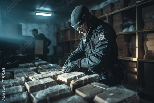Drug trafficking Police stopped. Criminals transporting consignment of drugs. Police arest and seized a shipment of drugs, stopped drug courier, drug dealer, drug trafficker. Border custom control. photo
