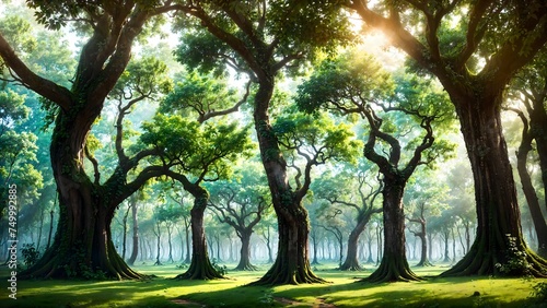 Deep jungle in the morning, big tree, Natural background
