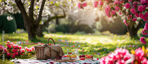 Picnic at blooming spring garden. Cute Wicker basket with flowers, meal. Tablecloth on the grass in a park. Outdoors rest. Breakfast on the nature. Generative ai photo