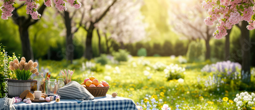 Picnic at blooming spring garden. Cute Wicker basket with flowers, meal. Tablecloth on the grass in a park. Outdoors rest. Breakfast on the nature. Generative ai photo