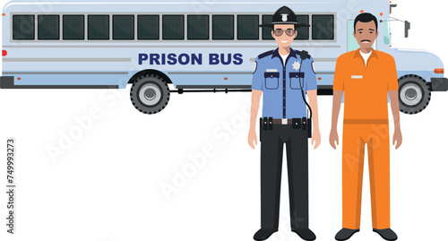 Standing American Policeman Sheriff Officer in Uniform and Prisoner Person in Traditional in Prison Clothes Character Icon in Flat Style. Vector Illustration.