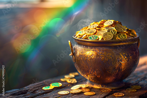 A pot of gold at the end of a rainbow, a copper pot filled with golden coins
