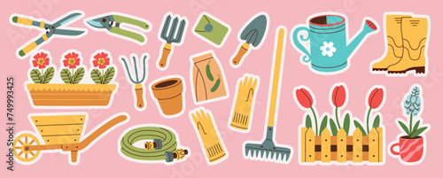 Stickers set of gardening items in hand drawn style. Agricultural and garden tools for spring work. Vector illustration.