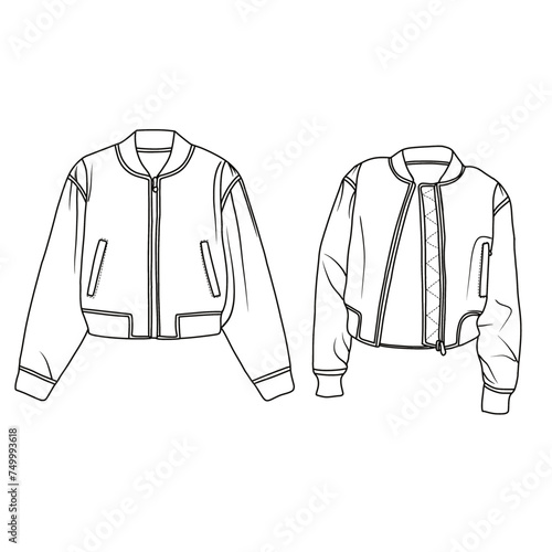 Template vector drawing Illustration of Women Bomber Jacket line art, suitable for your for coloring book outline vector doodle illustration, front and back view isolated on white background
