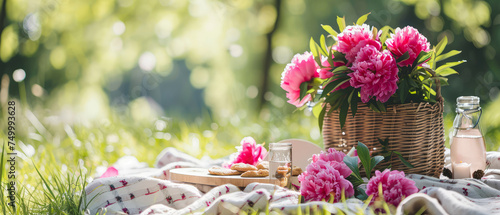Fototapeta Naklejka Na Ścianę i Meble -  Picnic at blooming peonies meadow.Tablecloth on the grass in a park. Outdoors rest. Breakfast on the nature. Generative ai