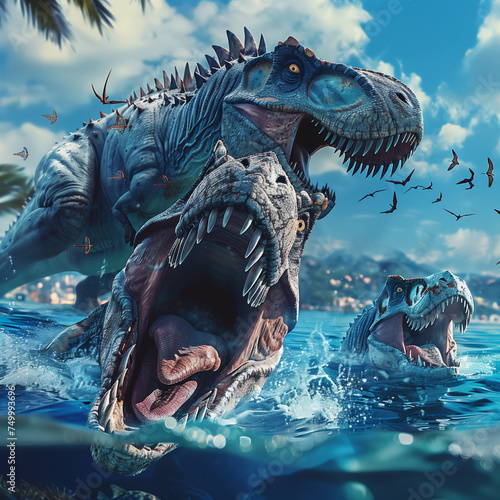 Generative AI: Three Tyrannosaurus Dinosaurs in the water © William