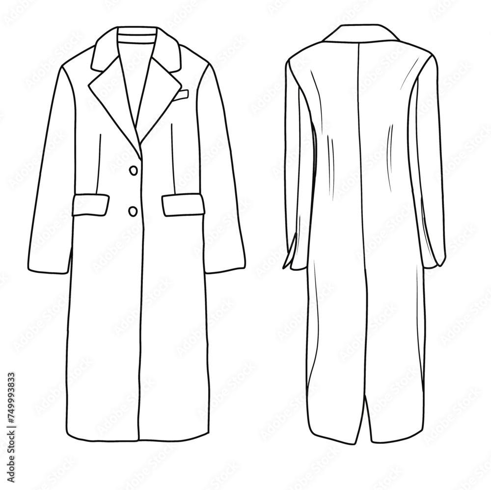 Template vector drawing Illustration of Women Wool Coat line art, suitable for your for coloring book outline vector doodle illustration, front and back view isolated on white background Template vector drawing Illustration of Women Wool Coat line art, suitable for your for coloring book outline vector doodle illustration, front and back view isolated on white background