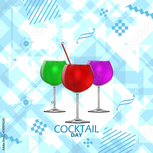 National Cocktail Day event banner. Three cocktail glasses with different flavors, with bold text and elements on light blue abstract background to celebrate on March 24