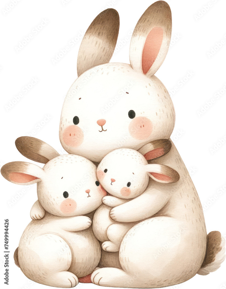 Obraz premium Adorable Rabbit Family Watercolor Illustration, A heartwarming image of a mother rabbit with her little bunnies, captured in a gentle watercolor style, perfect for family themes.