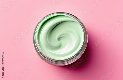 Close Up opened jar of colored cream. Cosmetic product. Beauty treatment. Spa concept.