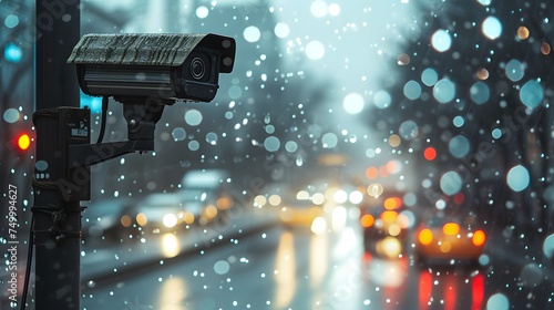 Urban Surveillance: Security Camera Overseeing Rainy Evening Traffic Amidst City Lights