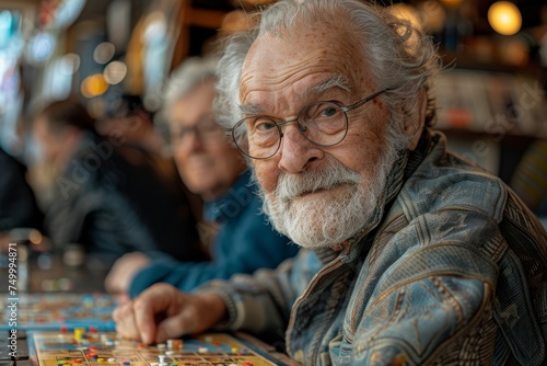 An elderly man is deeply focused on a board game in a social environment, emphasizing active senior lifestyle and leisure